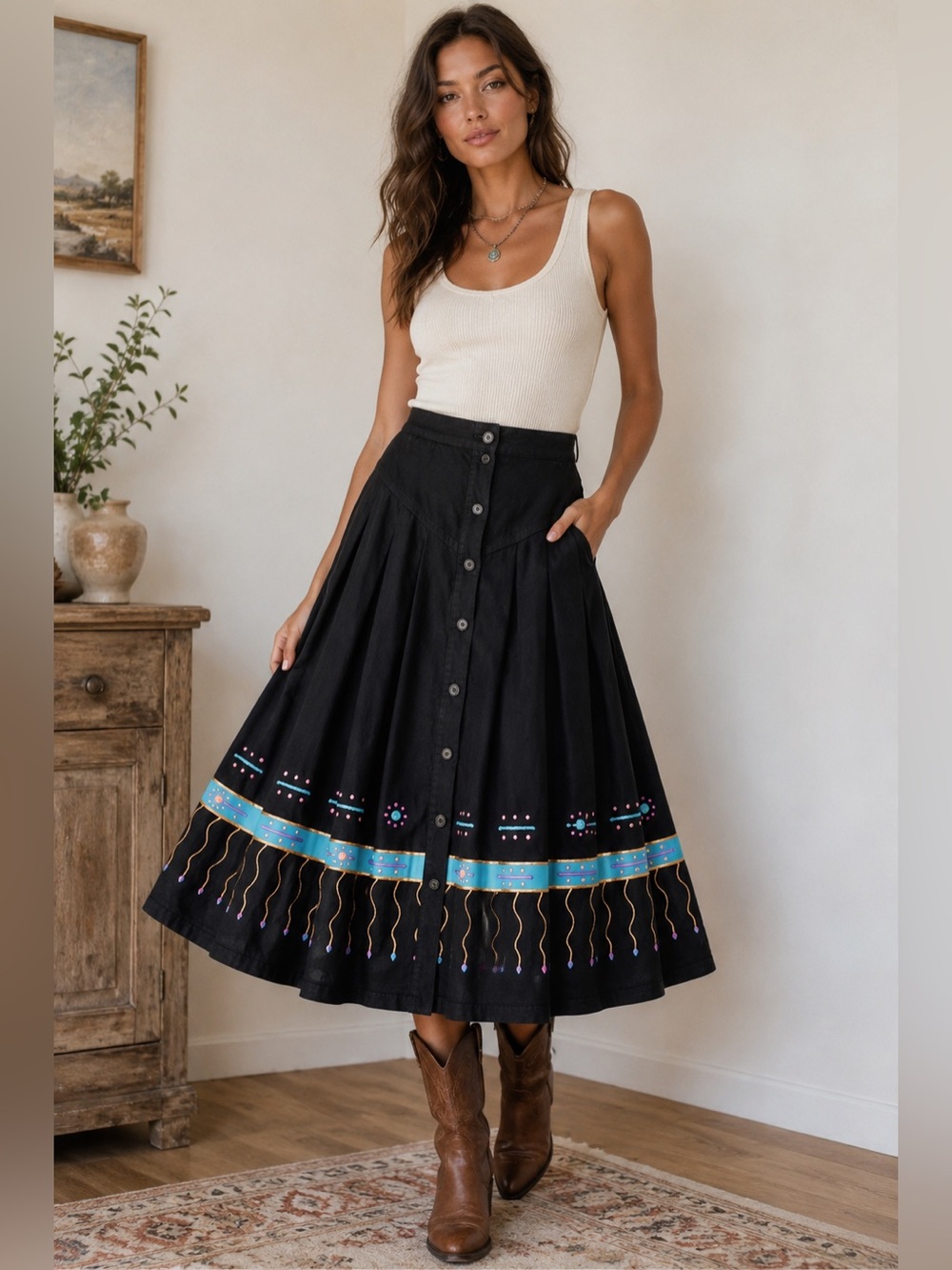 Vintage Sundance Black Southwestern Embroidered Midi Skirt XS/S Made in USA Boho
